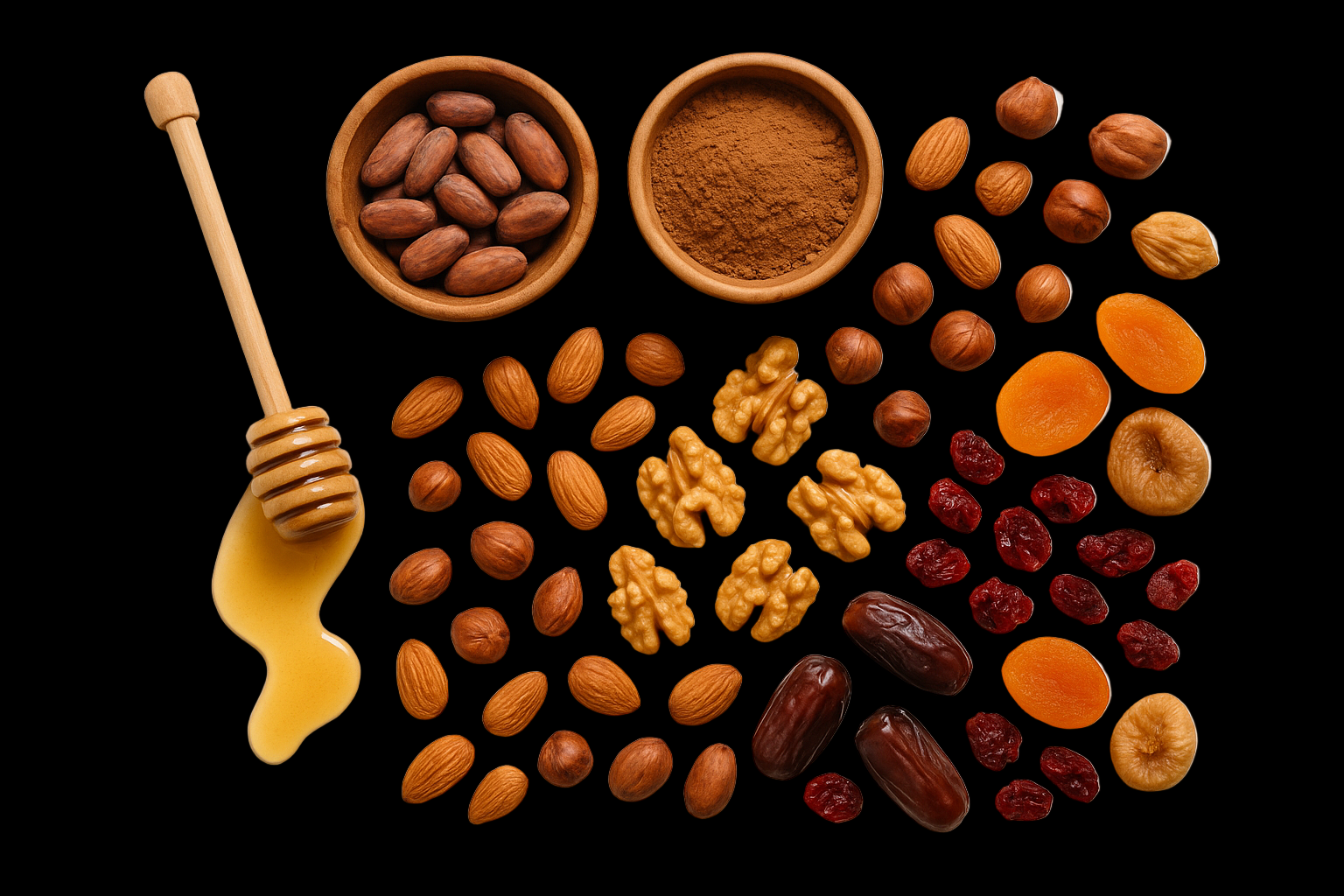 Ingredient flat lay (honey, cocoa, nuts, dried fruits) → natural + fresh vibe.